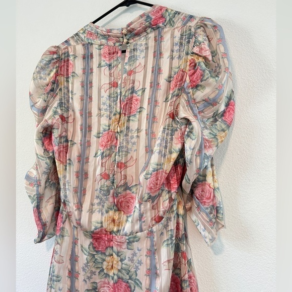 Anna Sui Whisper Rose Floral Striped Asymmetrical Puff Sleeves Cream Dress 6 - Picture 12 of 16